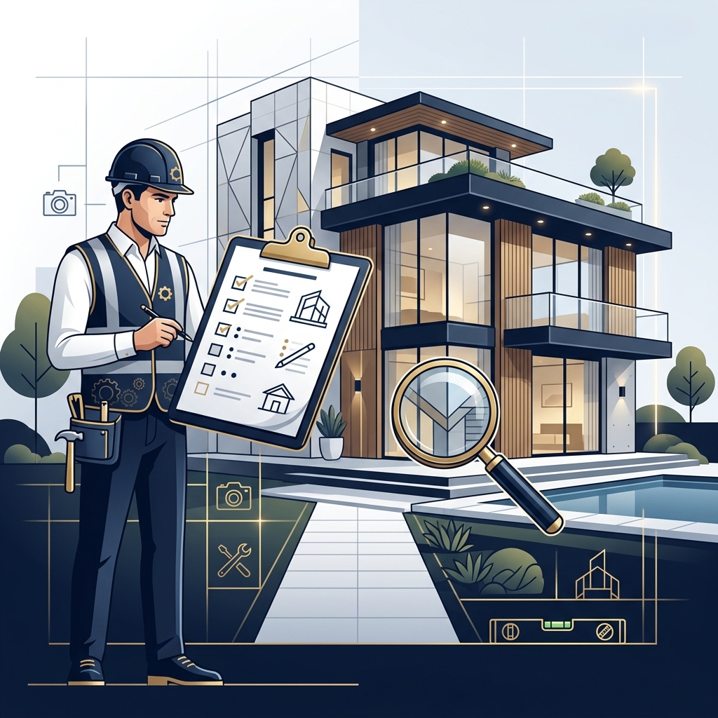 Nirmaya Property Inspection - Modern House and Certified Engineer Checklist Illustration